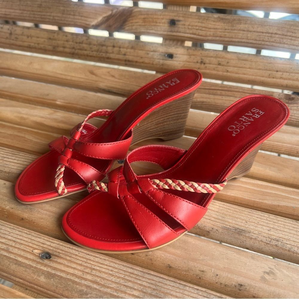 Franco Sarto Red Leather Braided Strap Wedge Sandals | Size 8.5M
